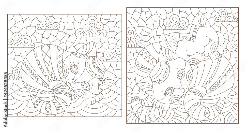 Set of outline illustrations in the style of stained glass with abstract cats , dark outlines on white background, rectangular images