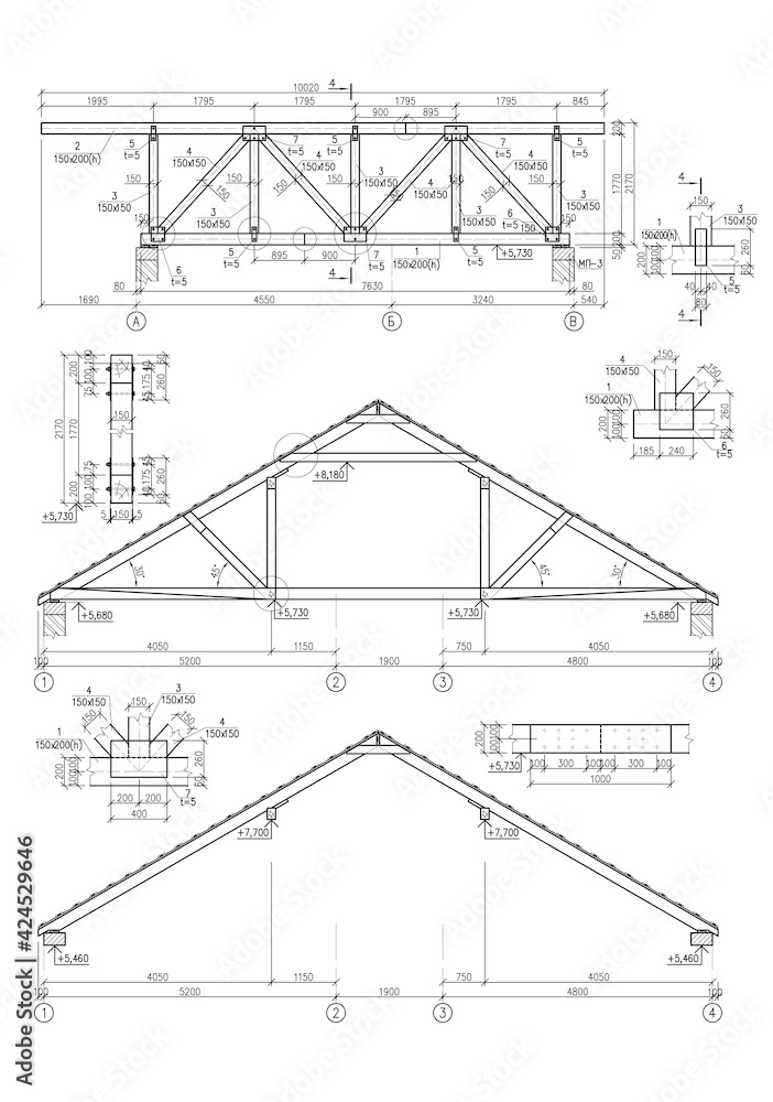 Detailed architectural plan of roof beams and plates, vector Stock Vector Adobe Stock