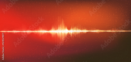 Red Digital Sound Wave Low and Hight richter scale with Circle Vibration on Red Background,technology and earthquake wave diagram concept,design for music studio and science,Vector Illustration.