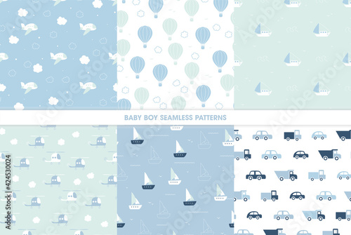 Vector set of seamless patterns for baby boys in blue tones. Airplane, balloon, boat, helicopter and cars backgrounds.