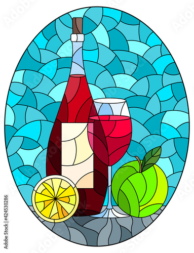 Illustration in the style of a stained glass window with a still life, a bottle of red wine, a glass and fruit on a blue background, oval image