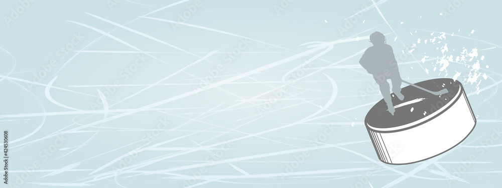 Obraz premium Background. Hockey player. Hockey puck. Ice. Ice Arena. Ice platform. Template. Banner. Horizontal rectangular illustration. The color is blue.