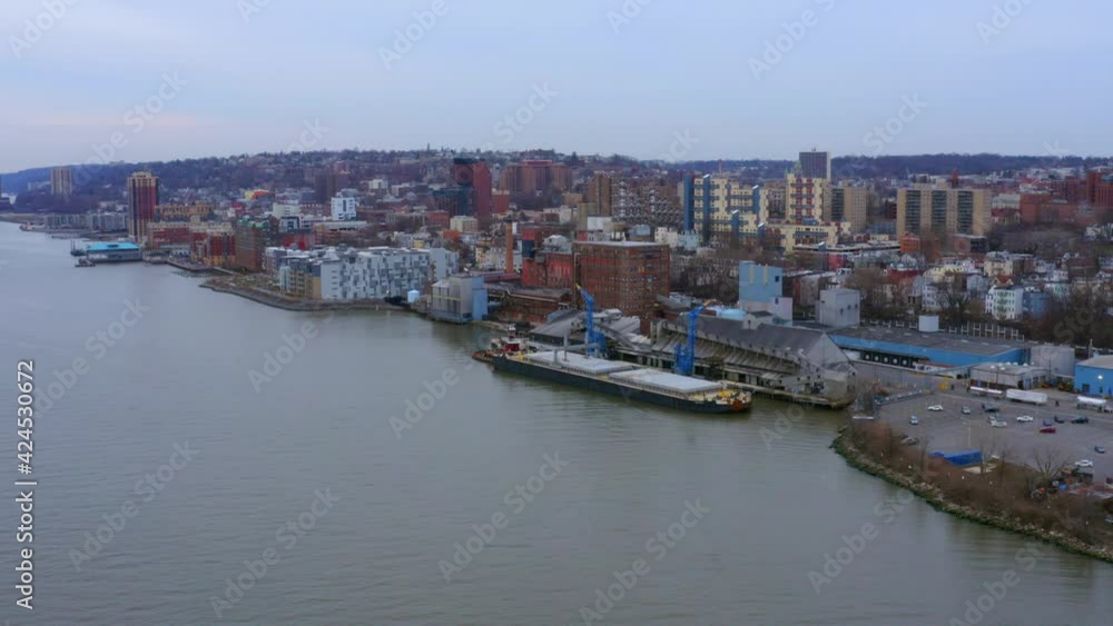 Aerial forward of Yonkers city and Hudson river, USA Aerial forward of Yonkers city and Hudson river, USA