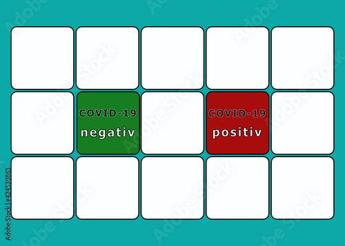 Wand mit weißen Kacheln und einer grünen COVID-19 negativ Kachel und einer roten COVID-19 positiv Kachel 