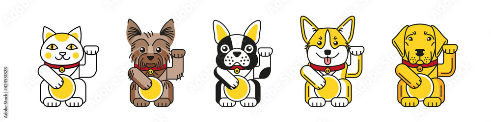 Lucky cat with bulldog, corgi, labrador, terrier Lucky cat with bulldog, corgi, labrador, terrier