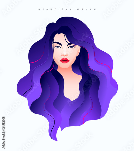 Portrait of a Beautiful girl with long violet glowing hair, Attractive woman with modest expression, Vector illustration of female model, Fashion and beauty.