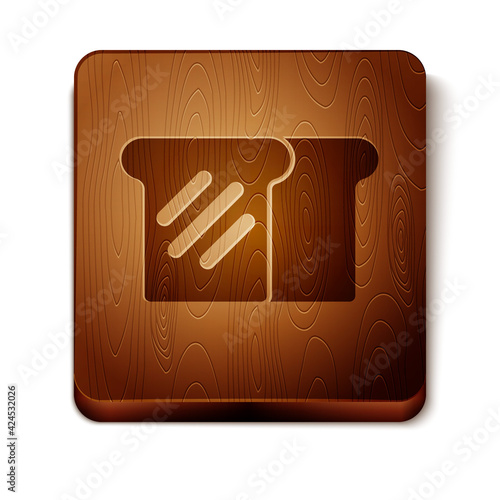 Brown Bread toast for sandwich piece of roasted crouton icon isolated on white background. Lunch, dinner, breakfast snack. Wooden square button. Vector