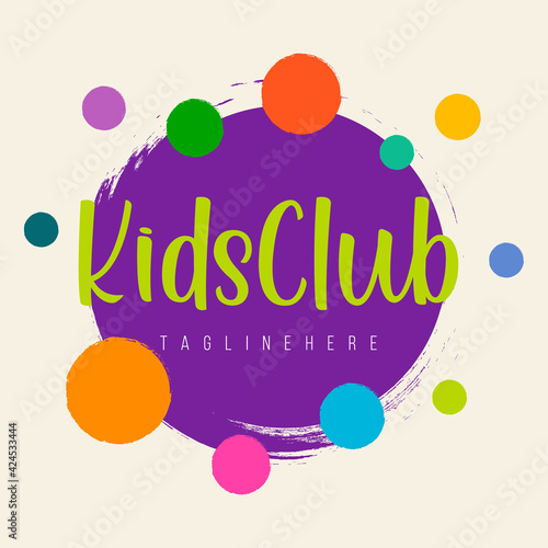 Abstract amusing bright circle kids world logo,childhood planet sign,kids club icon,playground symbol.Design templates kid shop,toy store,kindergarten,kids city.Vector illustration hand drawn.