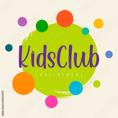 Abstract amusing bright circle kids world logo,childhood planet sign,kids club icon,playground symbol.Design templates kid shop,toy store,kindergarten,kids city.Vector illustration hand drawn.