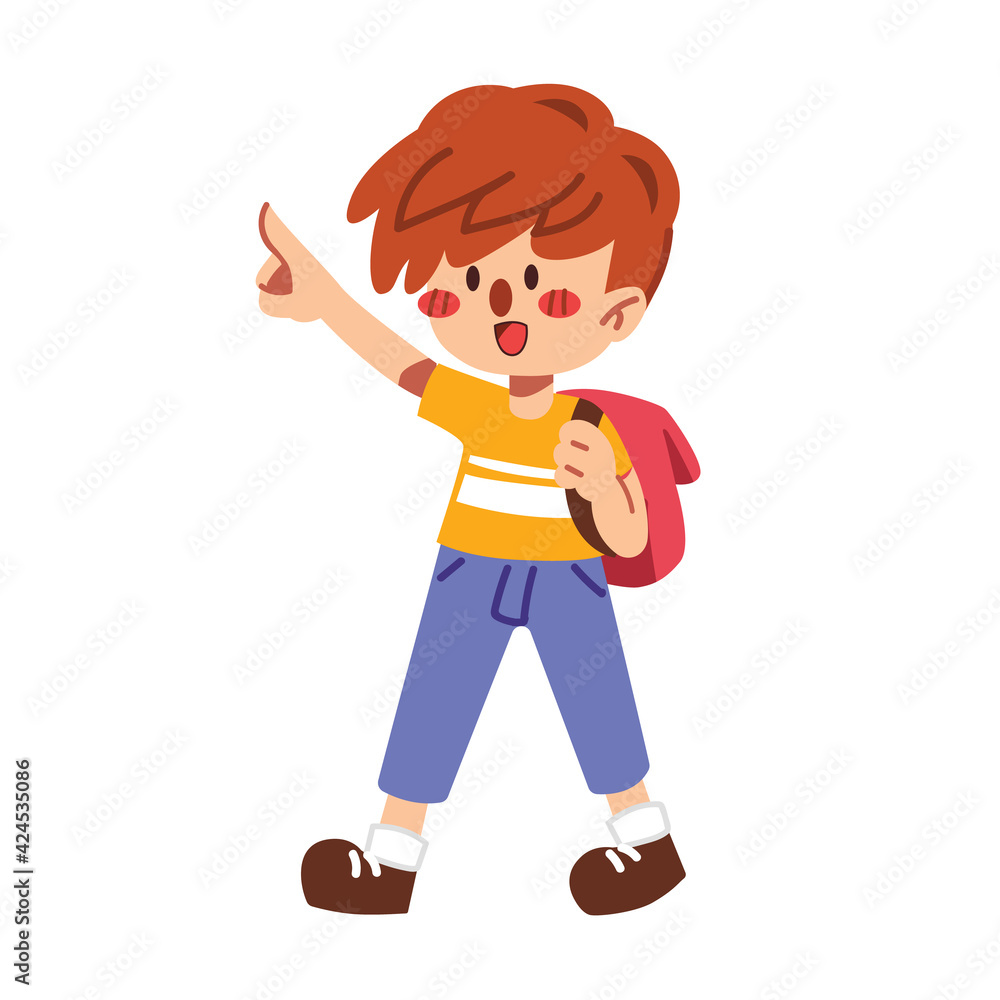 A cute boy walking to school isolated on white background flat vector illustration. Welcome back to school concept.