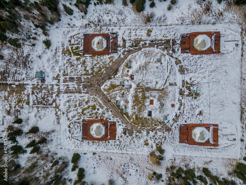 Aerial view of Plokstine missile base - an underground base of the Soviet Union. It was built near Ploksciai village, Samogitia, Lithuania. This was the first nuclear missile base of the Soviet Union.