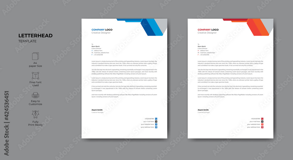 Modern company letterhead project template design.
