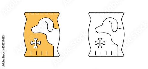 Simple dog food ziplock bag icon set. Line art of dog food bag isolated on white background. Technical line art vector illustration. Pet veterinarian at home. Editable line set.