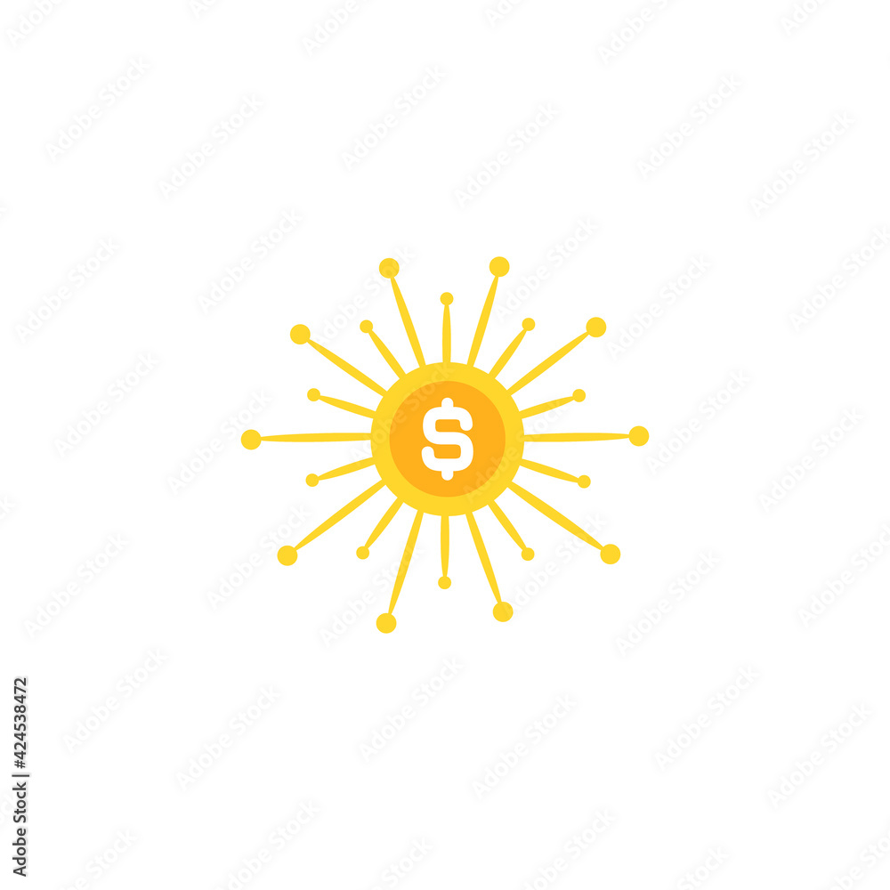 golden dollar coin with gold rays. Shining money sun. flat icon isolated on white. golden dollar coin with gold rays. Shining money sun. flat icon isolated on white.