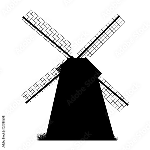 Windmill silhouette isolated on white background. Black windmill icon,sign or pictogram. Mill and Holland symbol in flat design style. Flour house. Wheat factory logo concept.Stock vector illustration