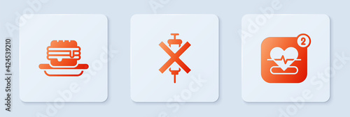 Set No doping syringe, Junk food and Mobile with heart rate. White square button. Vector