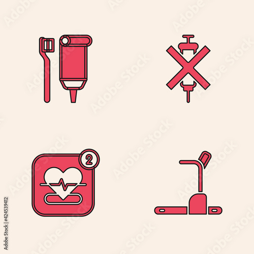 Set Treadmill machine, Toothbrush and toothpaste, No doping syringe and Mobile with heart rate icon. Vector