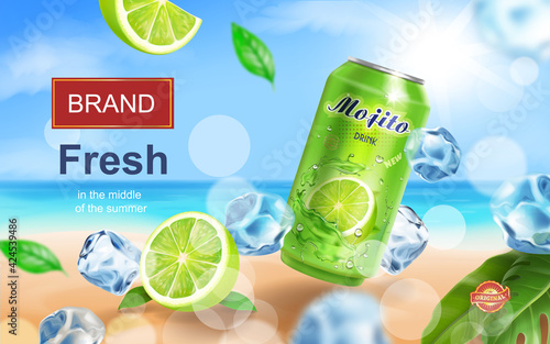 Mojito aluminium can ads with beverag with ice cubes on tropical beach, lime and mint elements in 3d illustration