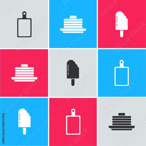 Set Cutting board, Stack of pancakes and Ice cream icon. Vector