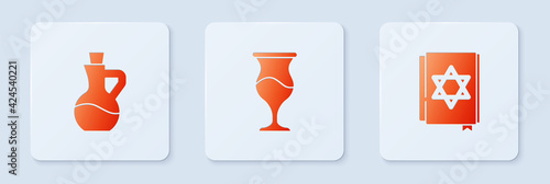 Set Jewish goblet, Bottle of olive oil and torah book. White square button. Vector