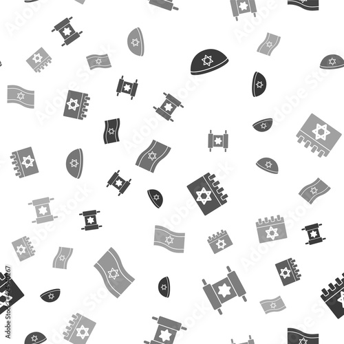 Set Jewish kippah, Torah scroll, calendar and Flag of Israel on seamless pattern. Vector