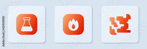 Set Fire flame, Test tube and flask and Gaseous. White square button. Vector