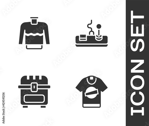 Set T-shirt, Sweater, Antique treasure chest and Gamepad icon. Vector