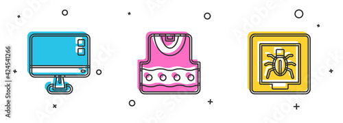 Set Computer monitor screen, Waistcoat and Insects in frame icon. Vector