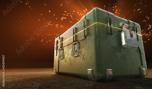 army box with loot boxes and glow inside. text box. 3d rendering