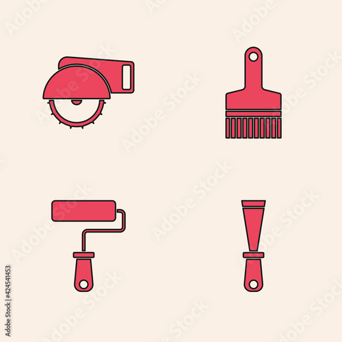 Set Putty knife, Electric circular saw, Paint brush and roller icon. Vector