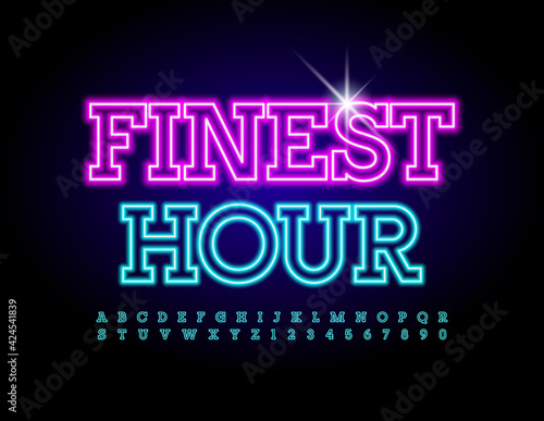 Vector bright Sign Finest Hour with blue Uppercase Font. Neon glowing Alphabet. Illuminated Letters and Numbers set
