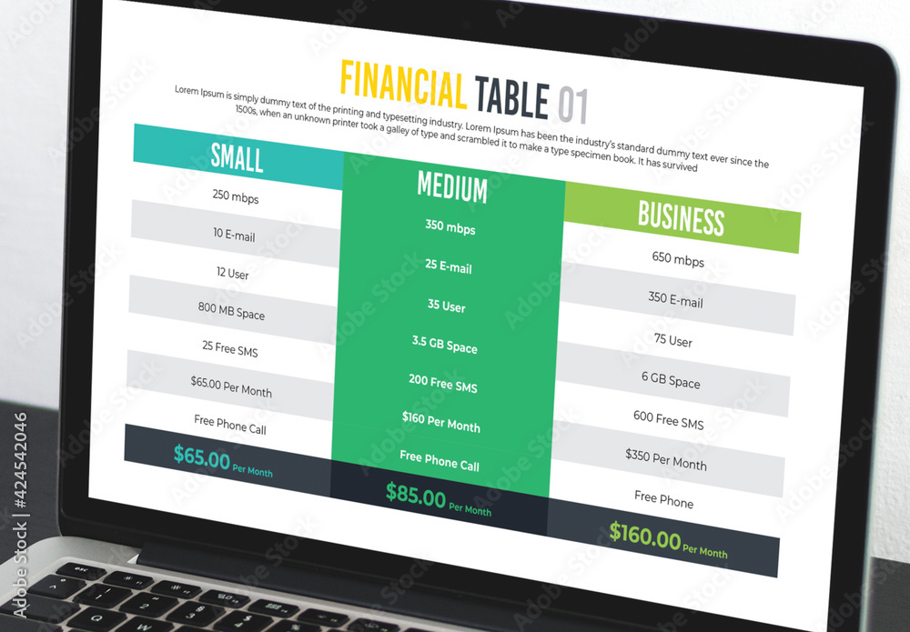 Finanacial Table Financial Table and Price Tier Stock Template | Adobe Stock