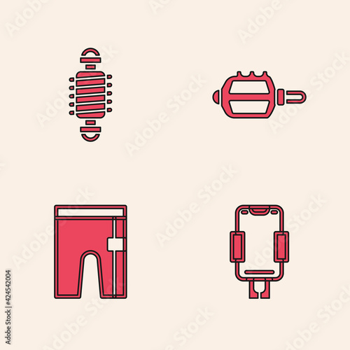 Set Mobile holder, Bicycle suspension, pedal and Cycling shorts icon. Vector