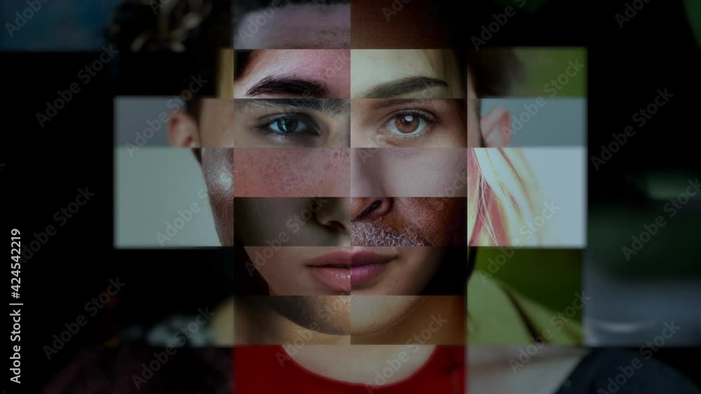 Human face composite. Different elements of people of mixed age, gender, race and sex combined in one global portrait animation
