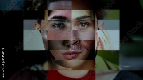 Human face composite. Different elements of people of mixed age, gender, race and sex combined in one global portrait animation photo
