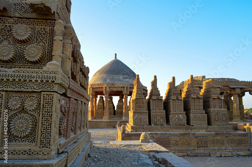 Chaukhandi Tombs.
The Chaukhandi tombs form an early Islamic cemetery situated 29 km east of Karachi, in the Sindh province of Pakistan. The tombs are notable for their elaborate sandstone carvings photo