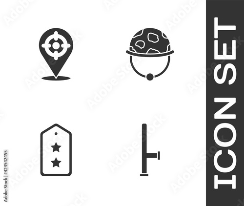 Set Police rubber baton, Target sport, Military rank and helmet icon. Vector