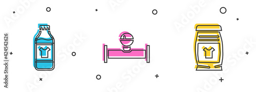 Set Bottle for cleaning agent, Industry pipe and manometer and Laundry detergent icon. Vector