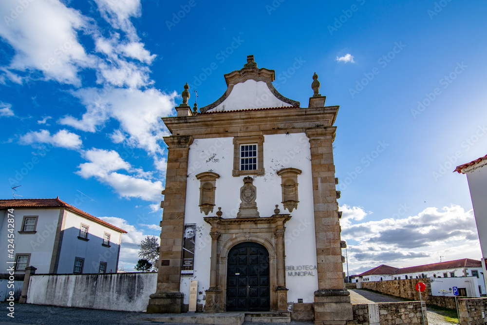 The dos Frandes Trinos church, now library, in the historic old town of Miranda do Douro, Portugal
