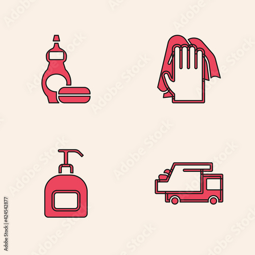 Set Garbage truck, Dishwashing liquid bottle, Cleaning service and Bottle of soap icon. Vector