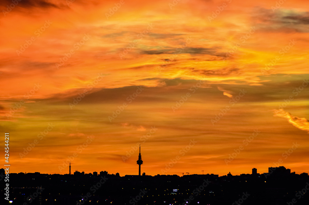 panoramic of the skyline of the city of Madrid at sunset panoramic of the skyline of the city of Madrid at sunset
