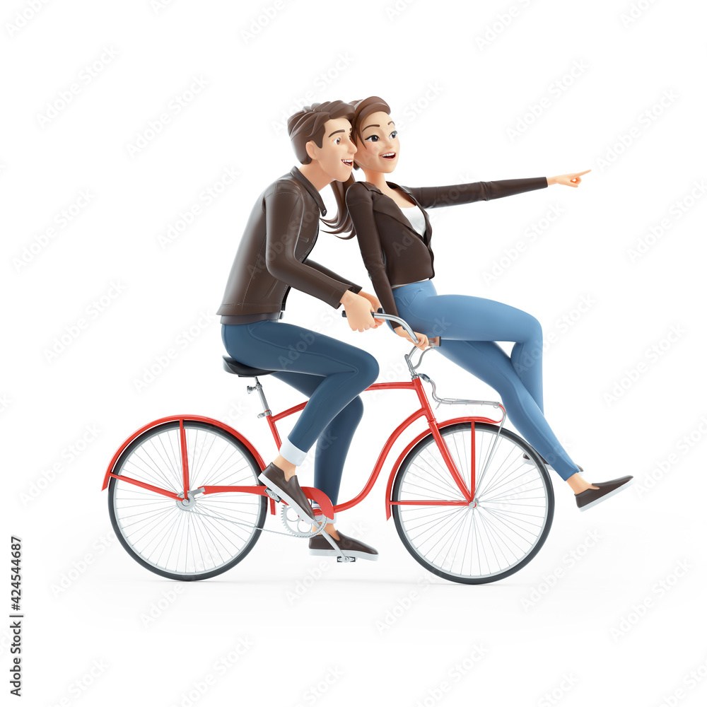 3d cartoon man and woman riding on bike together 3d cartoon man and woman riding on bike together