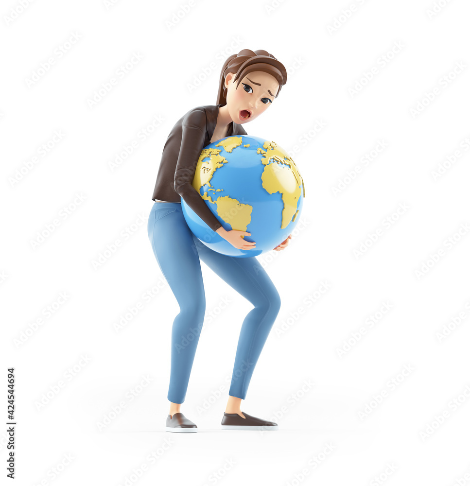 3d cartoon woman lifting heavy earth 3d cartoon woman lifting heavy earth