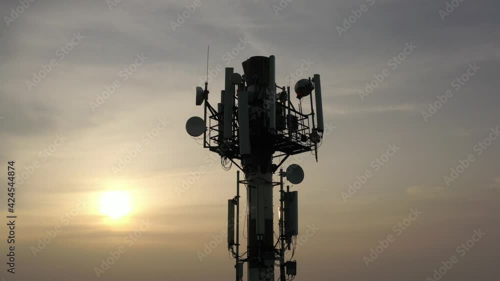 Telecommunication tower of 4G and 5G cellular. Base Station or Base Transceiver Station. Wireless Communication Antenna Transmitter. Telecommunication tower with antennas against blue sky. Telecommunication tower of 4G and 5G cellular. Base Station or Base Transceiver Station. Wireless Communication Antenna Transmitter. Telecommunication tower with antennas against blue sky.