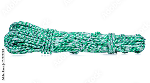green paracord rope on white background isolation
