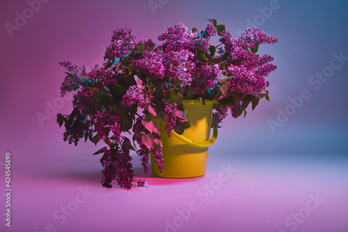 Lilac flowers in bright green pot in neon lights