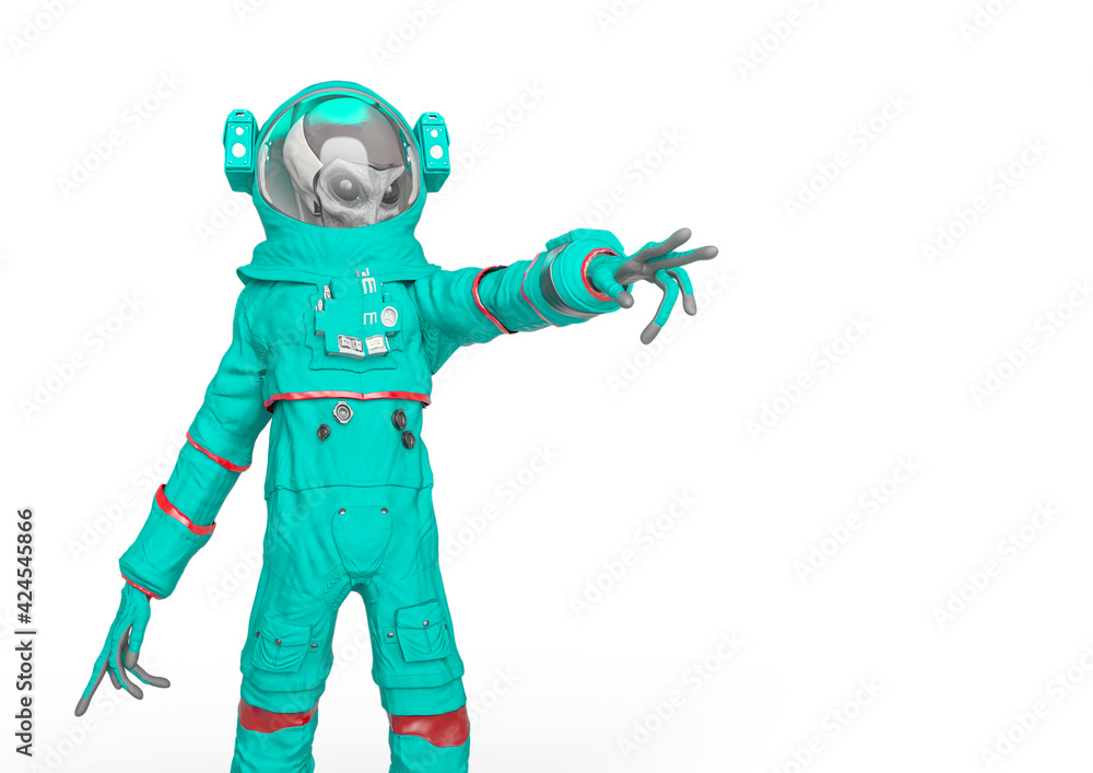 alien astronaut is showing the way with copy space