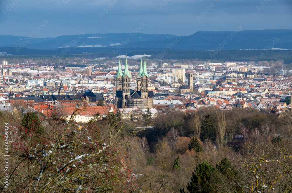 View of the World Heritage city of Bamberg on a sunny winter day with the bamberg cathedral in the middle