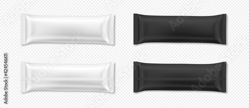 Flow package mockup. Vector realistic illustration of chocolate bar wrapper pack, in white and black color, front and back view. Ready to eat snack in blank foil wrapper for product branding