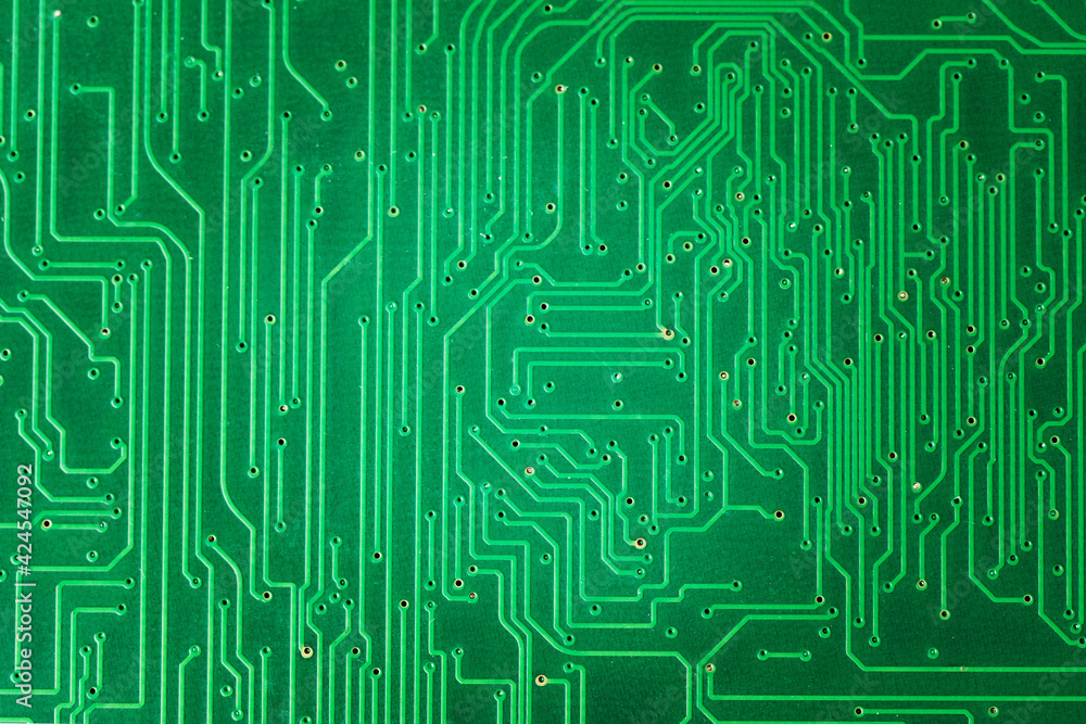 Green printed circuit board PCB texture or background. Electronic embedded system design.